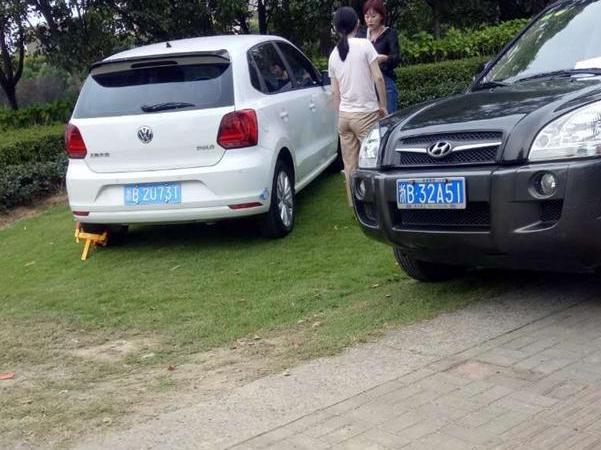 绿化带禁停，车主视牌子为空气。这下好了，锁了！